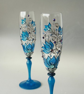 藍色婚禮眼鏡復古施華洛世奇水晶手繪 2 件套