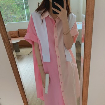 拼色短袖襯衫連衣裙女夏季年新款韓版寬松顯瘦休閑中長款裙子