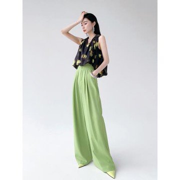 AKSAYA高級感時尚休閑氣質綠色長褲有垂感薄款高腰褲闊腿褲女夏季