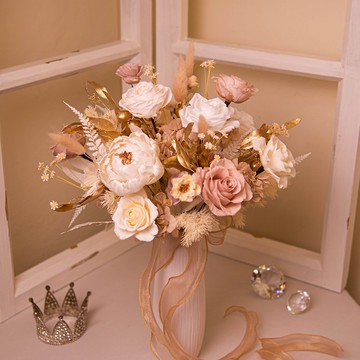 【韓系奶茶金】新娘捧花 白奶茶金色 乾燥花 永生花 / 結婚胸花