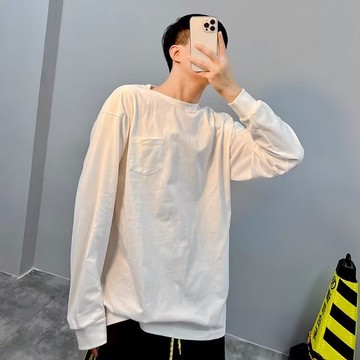 潮牌高街百搭小口袋白色圓領長袖T恤男內搭打底潮流小眾上衣男