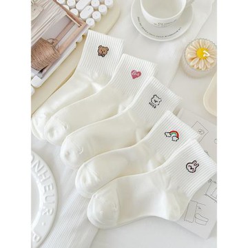 5雙春秋奶白襪子女中筒襪棉襪透氣運動卡通日系甜美中腰外穿ins潮