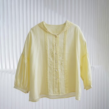 文藝蕾絲領刺繡棉麻襯衫407618