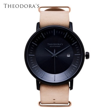 【THEODORA'S】Aurora 太陽能瘋馬皮手錶 簡約霧黑-瘋馬皮奶茶色【希奧朵拉】