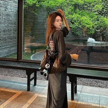 加大碼胖mm秋季寬鬆長袖連衣裙顯瘦遮肚復古過膝長裙ins裙子女生長袖連衣裙 春秋季長裙 休閒百搭長裙