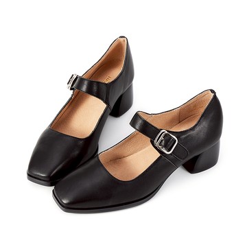全真皮方頭寬帶銀釦粗跟瑪莉珍鞋 黑色