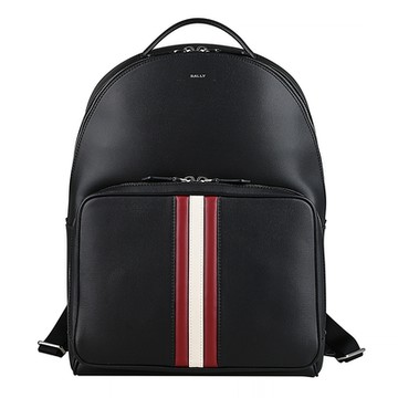BALLY Mythos銀字燙印經典紅白條紋塗層皮革後背包(黑)