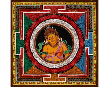 这幅正宗喜马拉雅唐卡描绘财宝天王与Shree Yantra曼陀罗的神圣融