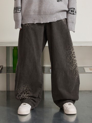 酷帥豹紋圖騰寬鬆長褲