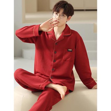 夾層睡衣男士秋冬季加厚空氣純棉紅色結婚新婚本命年秋冬款家居服