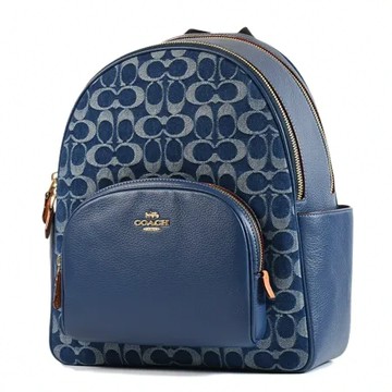 COACH 緹花LOGO布拼皮革雙側置物拉鍊後背包-單寧藍