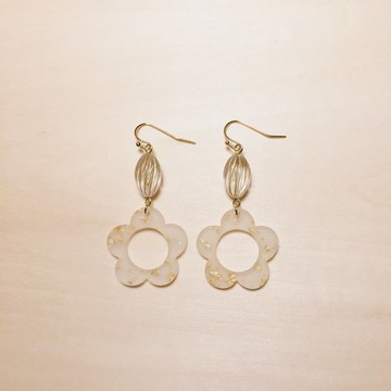 復古透明橢圓南瓜白金箔花花耳環