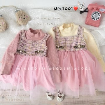 🌈✨mix1001造型木耳邊小立領小香風洋裝✨兒童假兩件網紗洋裝5-17