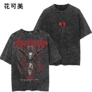 大碼純棉水洗夏季復古印花落肩T恤衫嘻哈說唱男女短袖上衣