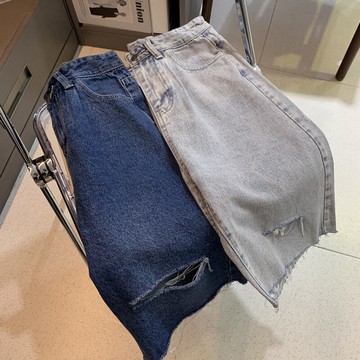 高腰牛仔短褲女M-47夏季寬松大碼直筒港味破洞五分褲顯瘦中褲子