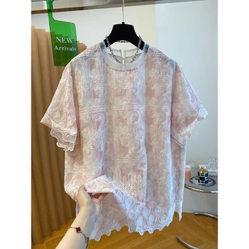 胖MM大碼240斤法式刺繡紐扣蕾絲衫女夏裝寬松顯瘦高級感半袖上衣