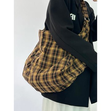 復古黃格子流浪托特包2024新款大容量單肩斜挎雙肩包慵懶風帆布包
