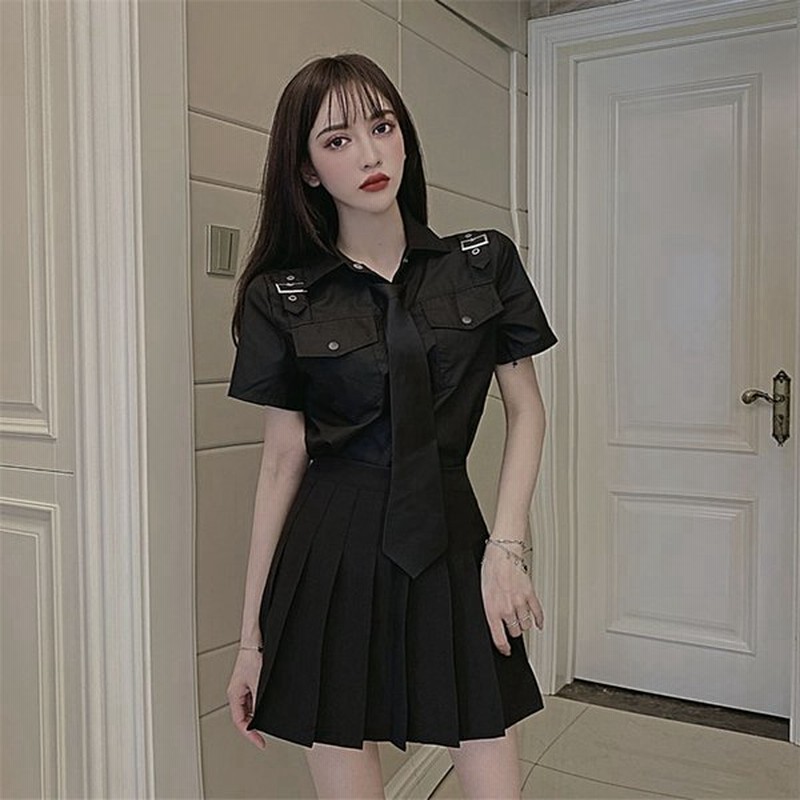 レディース セットアップ ダンスウェア プリーツスカート 半袖 黒シャツ ネクタイ スクール 女子上下セット 通販 Lineポイント最大get Lineショッピング