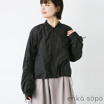 ehka sopo  特色縮褶袖造型透膚圓領拉鍊夾克
