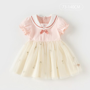 Dave&Bella 假兩件兔兔刺繡水手領拼接愛心紗裙洋裝