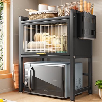 廚房微波爐置物架桌面烤箱鍋具架子帶門密封餐具碗碟碗盤儲物貨柜