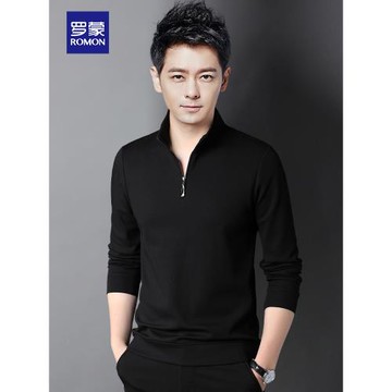 羅蒙男士長袖T恤秋季新款半拉鏈立領寬松休閑套頭打底衛衣Polo衫
