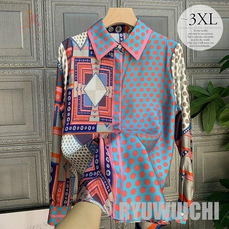 ブラウス トップス 長袖 シャツ スカーフ柄 水玉 襟付き 大人カジュアル とろみ素材 サテン素材 エレガント ブルー 女子会 シンプル 美人 通販 Lineポイント最大get Lineショッピング