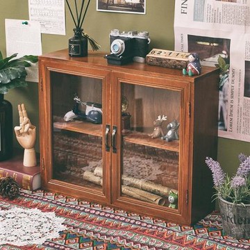 木質復古收納盒桌面化妝品香水杯子置物柜桌上護膚品展示架子高級