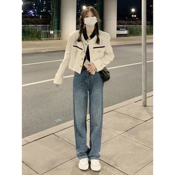 150小個子復古藍牛仔褲女顯高穿搭春秋新款高腰窄版直筒闊腿褲xxs