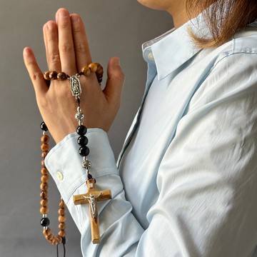 以色列進口橄欖木耶穌十字架黑瑪瑙聖母像念珠(10mm) 8231008
