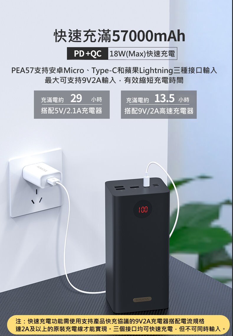 公司貨 ROMOSS 原廠 57000mAh 超大容量 行動電源 22.5W 快充 9V 2A 18W PD QC3.0