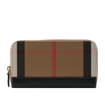BURBERRY 格紋拼皮革ㄇ型拉鍊長夾(黑色) 80840291