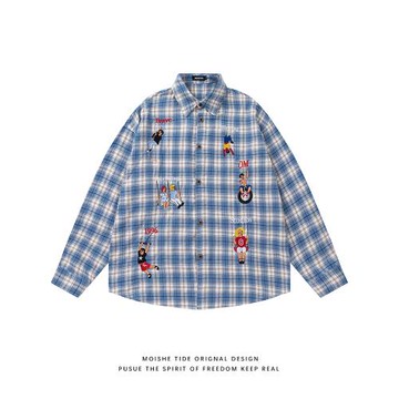 MOISHE TIDE美式復古人物刺繡格子長袖襯衫男女寬松百搭襯衣外套