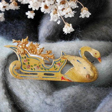 古董金色雕花手繪玫瑰天鵝別針胸針 巴黎購入 極少見 B1719
