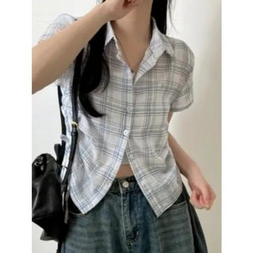韓版洋氣簡約休閑顯瘦百搭短袖polo領短款抽繩綁帶格子襯衫上衣女
