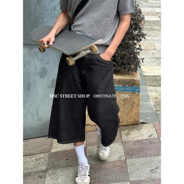 (免運)MSC日系復古黑牛仔七分褲男女夏季街舞滑板vibe闊腿直筒水洗短褲