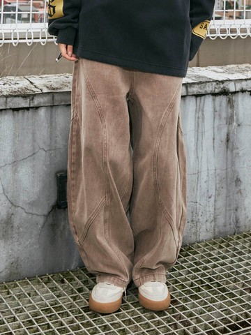 拼接彎刀寬鬆牛仔長褲