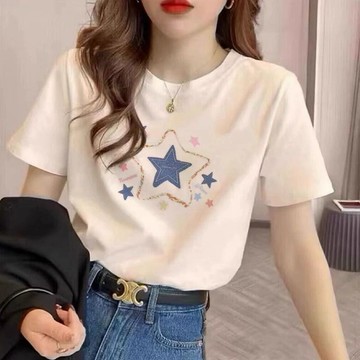 台出 杏色正肩圓領夏天短袖t恤上衣服女寬鬆夏季新款純棉洋氣半袖體恤短袖T恤 顯瘦上衣 遮肉T恤