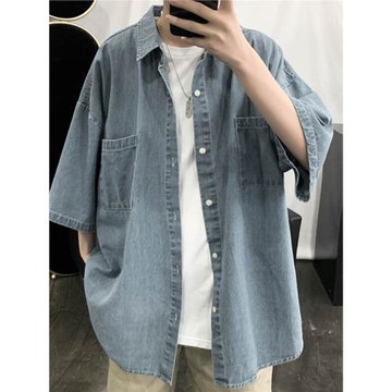 港風復古牛仔襯衫夏季男款潮牌短袖襯衣青少年寬松休閑工裝薄外套