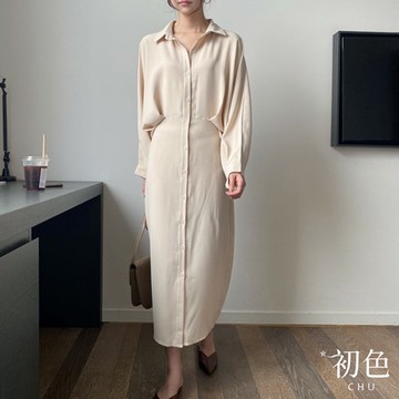 初色 法式純色收腰顯瘦翻領長袖單排釦中長連衣裙連身洋裝-共2色-38040(F可選)