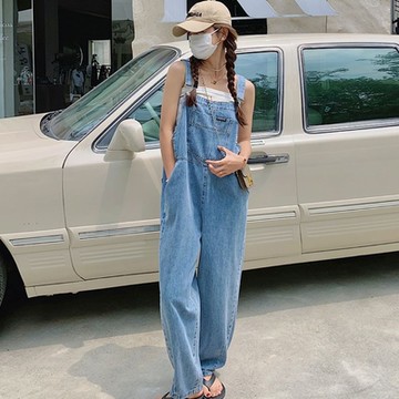 La Belleza車線標籤大口袋牛仔連身褲寬鬆牛仔吊帶褲
