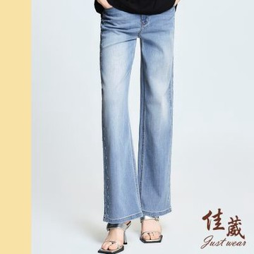 【佳葳Justwear】水洗花卉刺繡寬襬牛仔褲(女下身/女下著/牛仔褲/丹寧/長褲/水洗/花卉刺繡)
