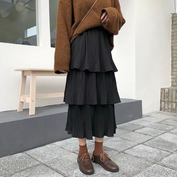 半身裙秋冬女新款松緊腰純色蛋糕裙百褶A字裙高腰潮ins公主裙1入