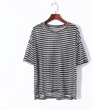 春季新款女裝時尚韓版拼色條紋圓領套頭落肩短袖寬松顯瘦T恤