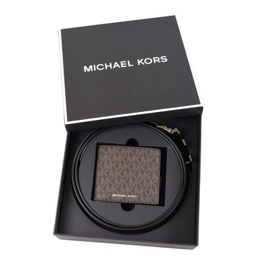 MICHAEL KORS 男款 灰字MK緹花LOGO防刮雙面用皮帶八卡短夾禮盒-咖啡色