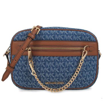 MICHAEL KORS 緹花滿版LOGO金鏈斜背方包(單寧色)