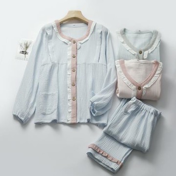 出口  圓領花邊哺乳睡衣女純棉紗春夏薄長袖長褲產后月子服清新