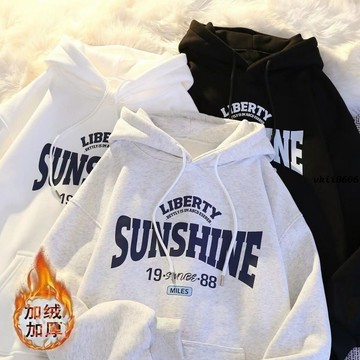 M-3XL 大尺碼 帽t 銀狐絨美式復古字母印花連帽衛衣男女ins潮牌寬鬆秋冬季加絨外套 vk