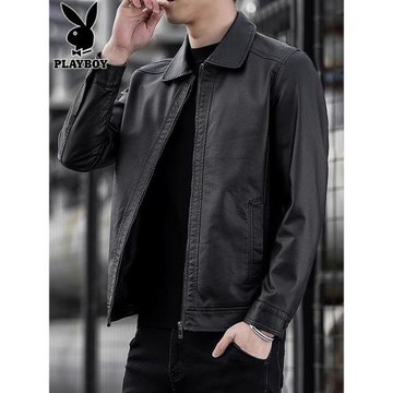 花花公子休閑皮衣男士機車服2026年春秋季加絨翻領皮夾克外套男