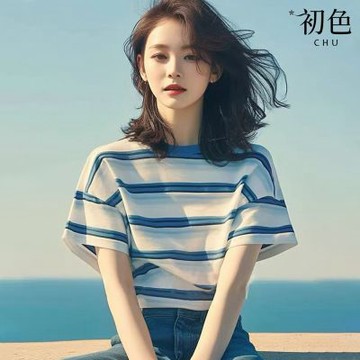 初色 拼色寬鬆圓領短袖條紋T恤上衣女上衣-條紋-36372(M-XL可選)